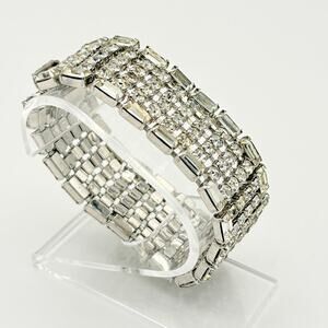 Vintage Rhinestone Cuff Bracelet | Prong‑Set Baguette & Round Stones, 1950s